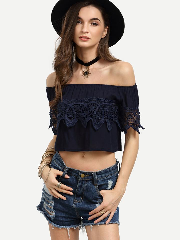 Romwe Navy Crochet Trimmed  Off The Shoulder Top