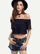 Romwe Navy Crochet Trimmed  Off The Shoulder Top