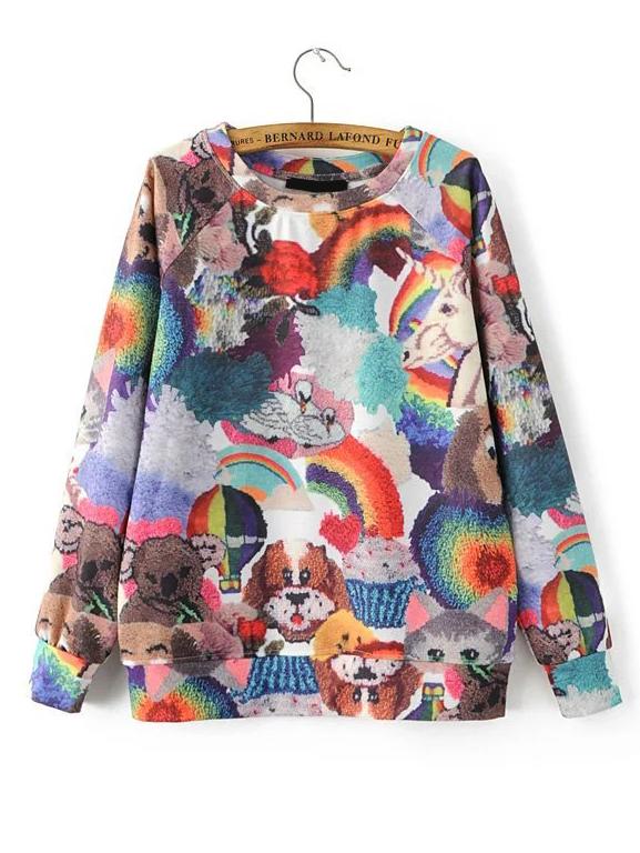 Romwe Multicolor Cartoon Print Raglan Sleeve Sweatshirt