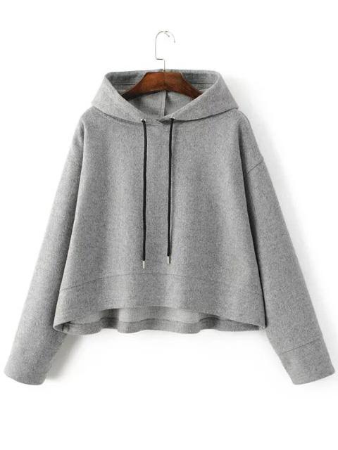 Romwe Grey Drawstring Hooded Crop Sweatshirt