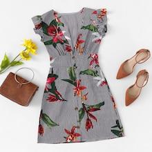 Romwe Single Breasted Frill Trim Floral Dress