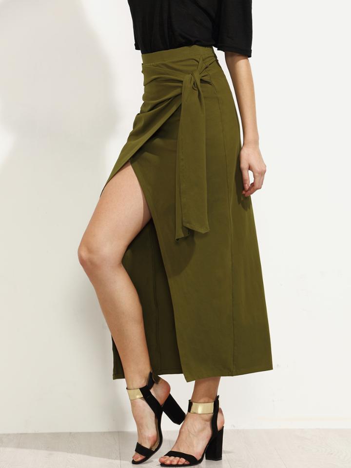 Romwe Army Green Pleated Tie Wrap Asymmetrical Skirt