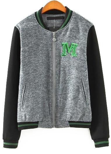 Romwe Grey M Embroidered Sequined Color Block Coat