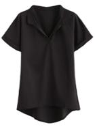 Romwe Black Roll Sleeve High Low T-shirt