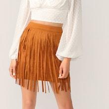 Romwe Zip Back Fringe Trim Suede Skirt