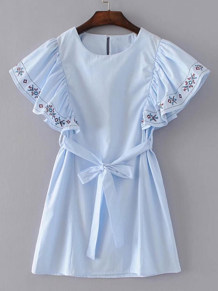 Romwe Ruffle Cuff Tie Waist Embroidery Dress