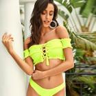 Romwe Neon Lime Smocked Lace-up Short Sleeve Bardot Bikini