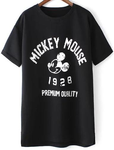 Romwe Mickey Print Side Split Black T-shirt