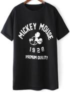 Romwe Mickey Print Side Split Black T-shirt