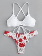 Romwe Shirred Front Crisscross Mixed And Match Bikini Set
