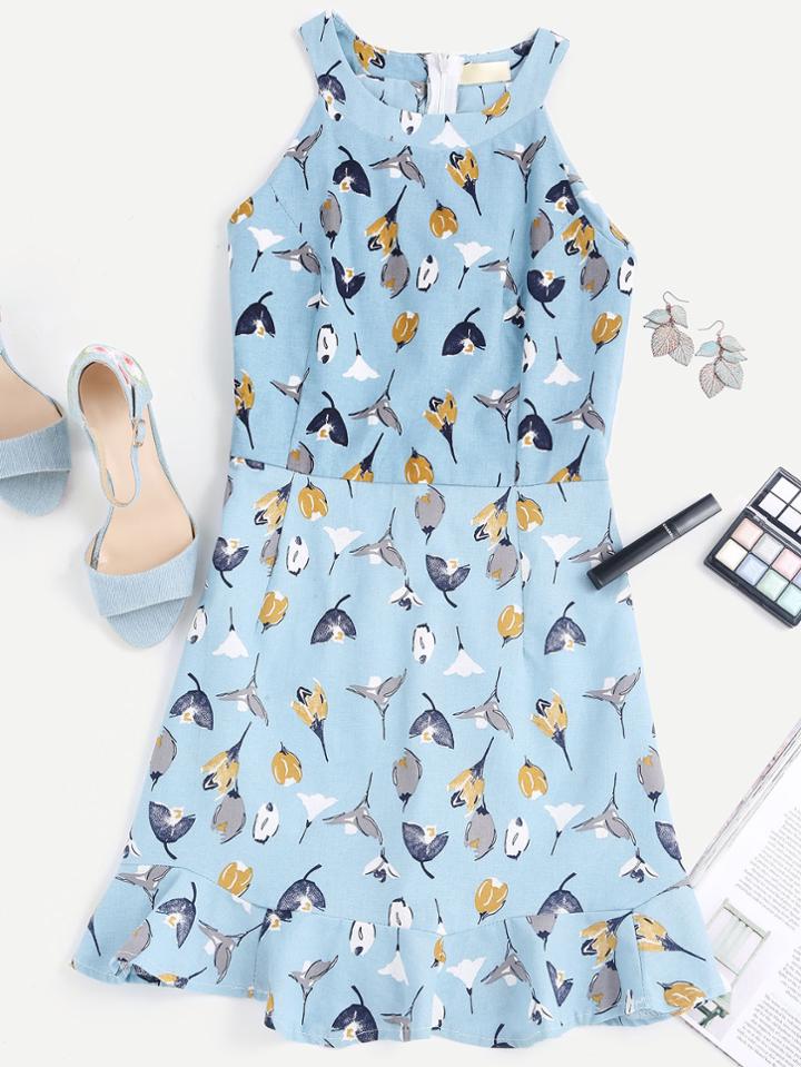 Romwe Floral Print Halter Neck Frill Hemline Dress