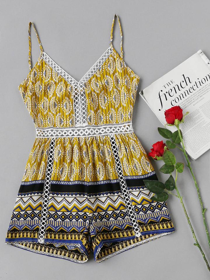 Romwe Cutout Crochet Random Print Bow Tie Back Jumpsuit