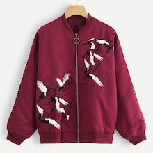 Romwe Crane Embroidered Zip Up Jacket