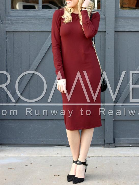 Romwe Burgundy Crew Neck Plain Midi Dress