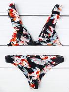Romwe Black Flower Print Ruffle Strap Triangle Bikini Set