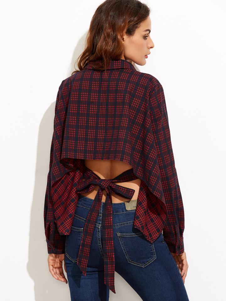 Romwe Burgundy Plaid Tie Back High Low Blouse
