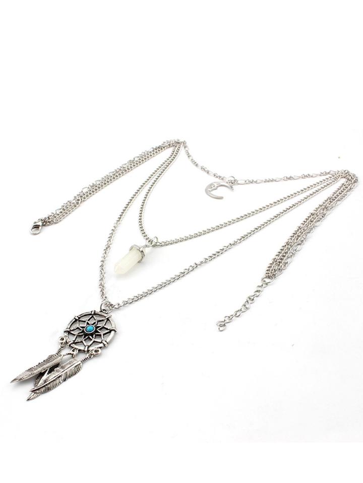 Romwe Dreamcatcher & Moon Pendant Layered Necklace