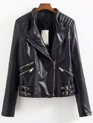 Romwe Long Sleeve Zipper Belt Buckle Jacket