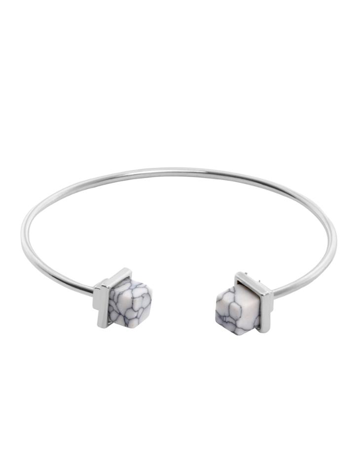 Romwe Silver Metal White Howlite Small Open Bangle