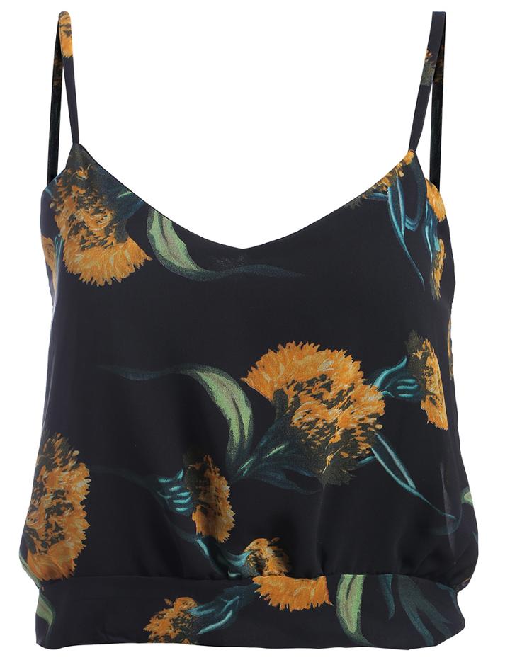 Romwe Spaghetti Strap Floral Black Vest