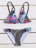 Romwe Multicolor Floral Print Triangle Bikini Set