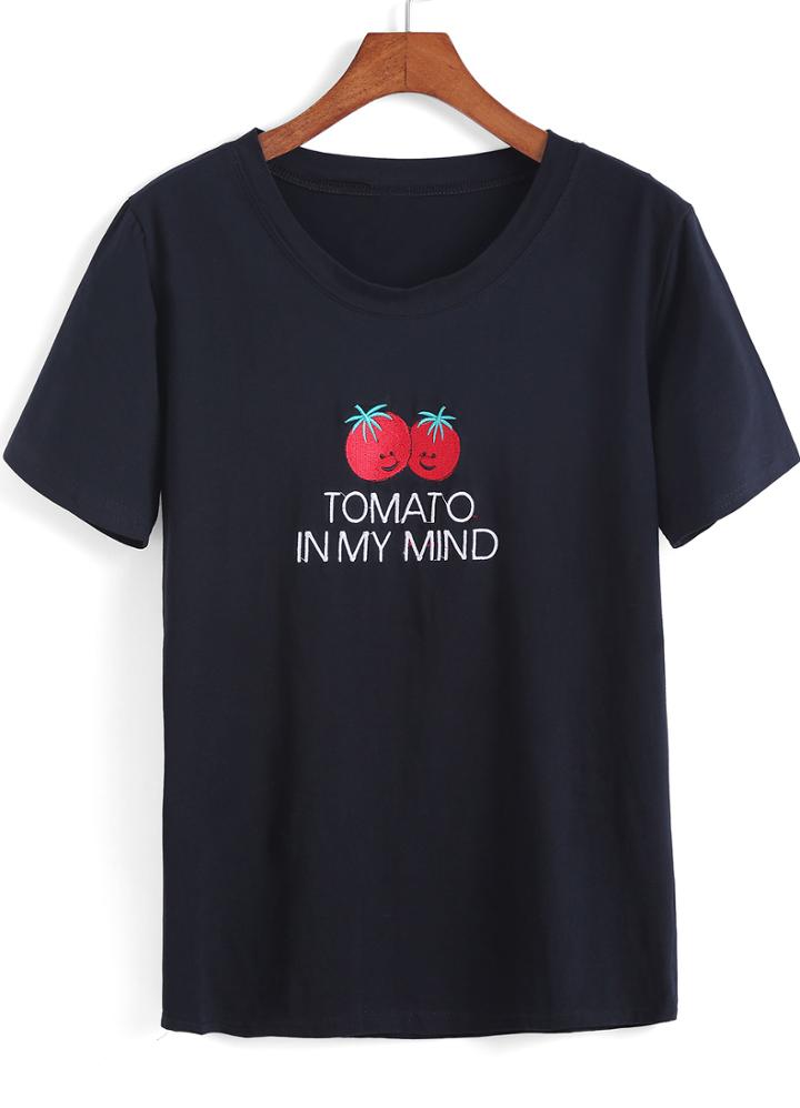 Romwe Black Short Sleeve Tomato Print T-shirt