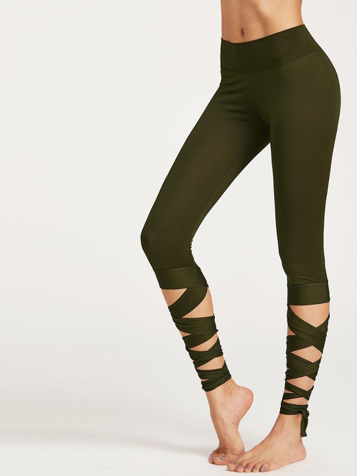Romwe Olive Green Wrap Up Hem Leggings