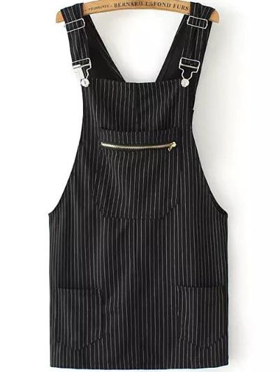 Romwe Strap Vertical Striped Pockets Zipper Dress