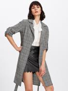 Romwe Roll Sleeve Self Belted Plaid Coat