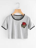 Romwe Rose Patch Ringer Crop Tee