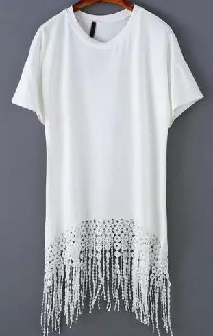 Romwe Short Sleeve With Tassel White Dress