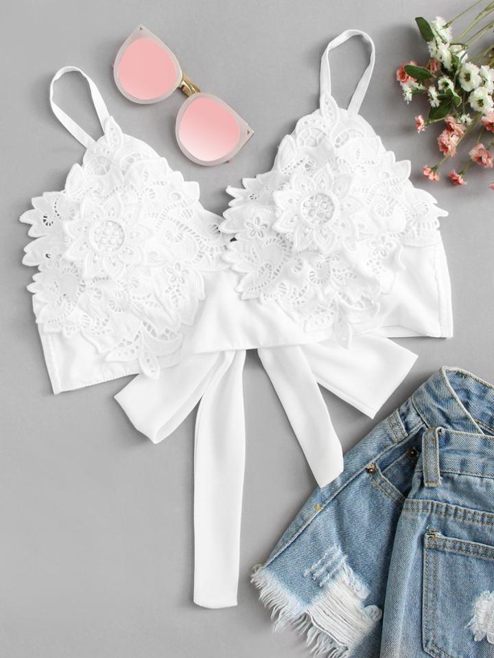Romwe Knotted Back Guipure Lace Overlay Cami Top