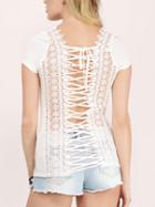 Romwe White Crochet Splicing Lace-up T-shirt
