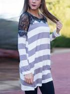 Romwe Contrast Lace Striped Color-block T-shirt