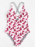 Romwe Flamingo Print Cross Back Swimsuit