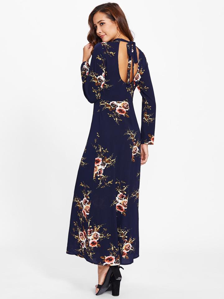 Romwe Tied Open Back Floral Dress
