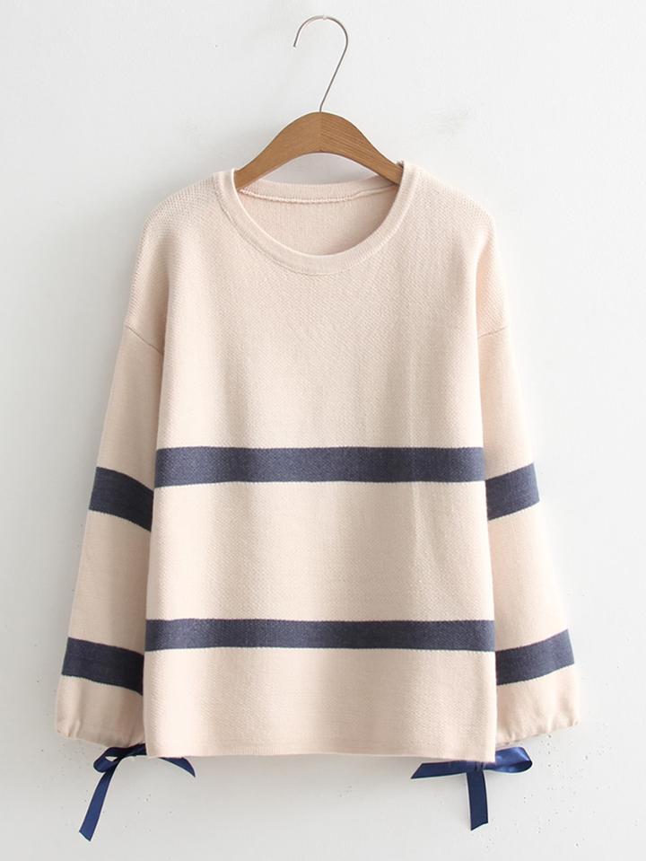 Romwe Ribbon Tie Striped Knitwear