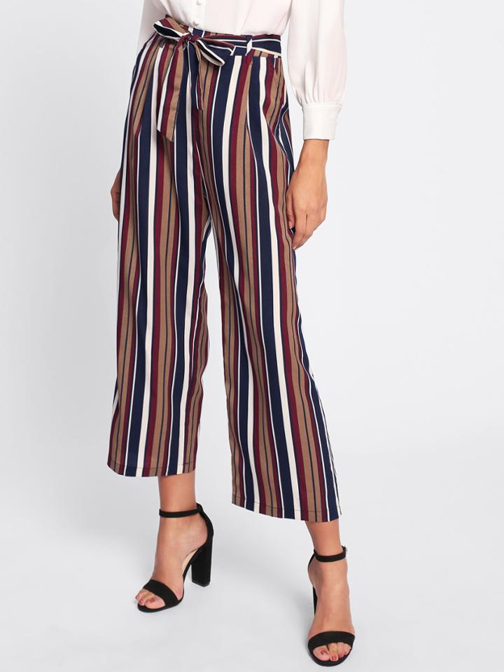 Romwe Tie Waist Striped Culotte Pants
