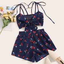 Romwe Cherry Print Tie Front Shirred Cami Top With Shorts