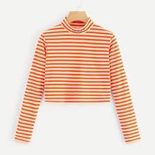 Romwe Letter Embroidered Mock Neck Stripe Ribbed Top