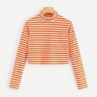 Romwe Letter Embroidered Mock Neck Stripe Ribbed Top