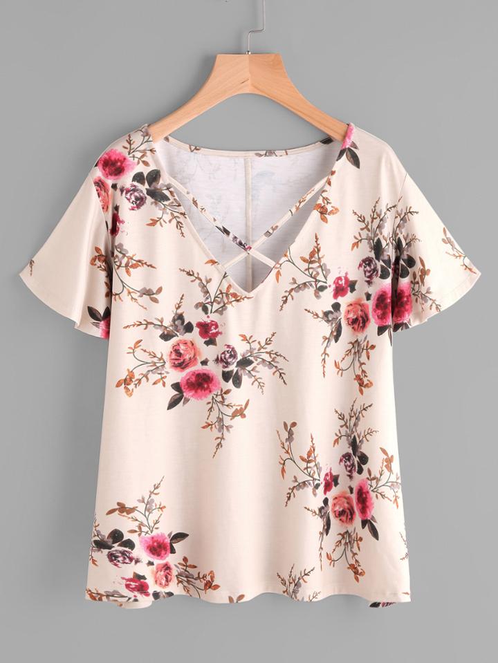 Romwe Crisscross Neck Flower Print T-shirt