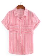 Romwe Mixed Striped Dual Pocket Short Sleeve Blouse - Red