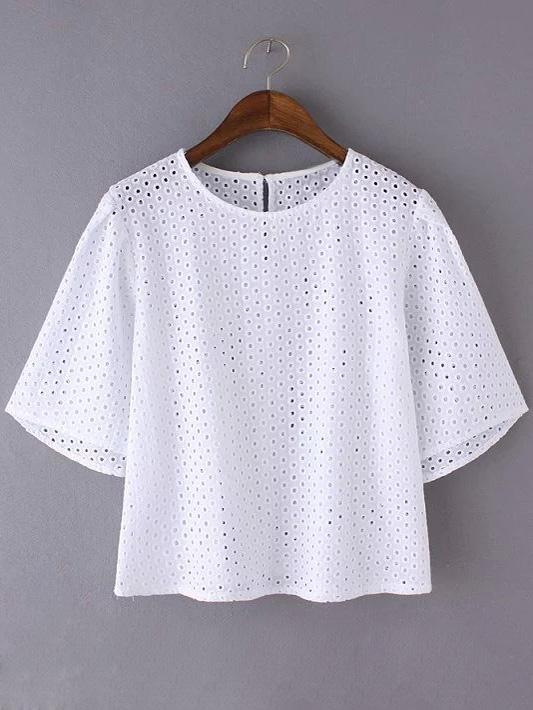 Romwe White Half Sleeve Keyhole Back Hollow Blouse
