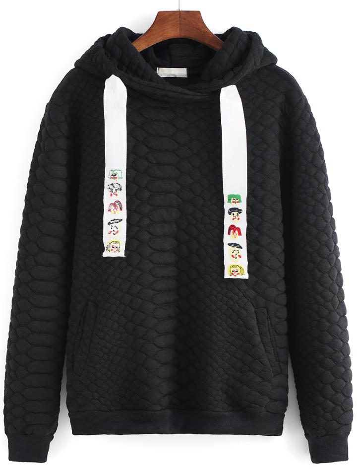 Romwe Hooded Drawstring Cartoon Embroidered Black Sweatshirt
