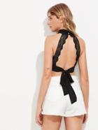 Romwe Keyhole Front Crochet Trim Backless Tie Detail Crop Top