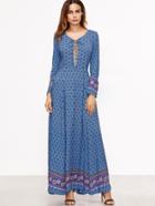 Romwe Blue Tribal Print Lace Up Maxi Dress