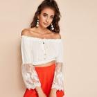 Romwe Drawstring Contrast Lace Cuff Off The Shoulder Blouse