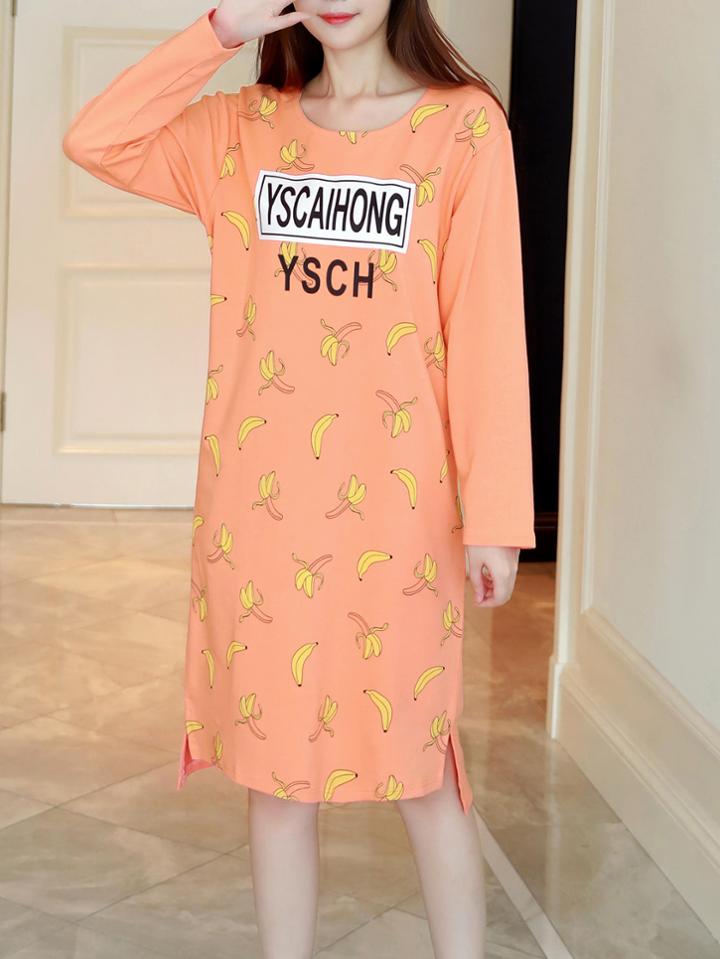 Romwe Banana Print Slit Side High Low Night Dress