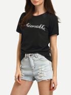 Romwe Black Letters Print Round Neck T-shirt